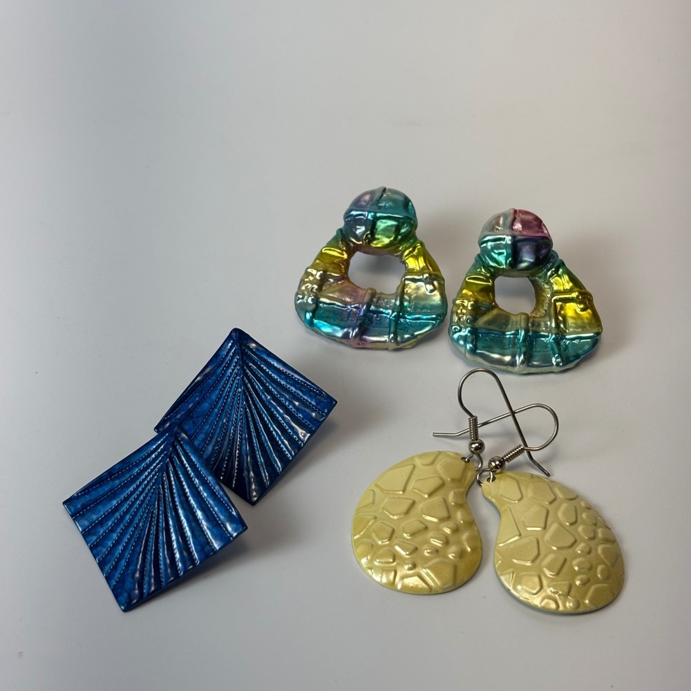 Vintage Earring Lot Blue Yellow Iridescent Geometric Statement Boho 90s Y2K